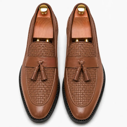 Melodiapelle Maison Woven Two-Tone Penny Loafer in tan leather, pair top-down view, handcrafted in Agra