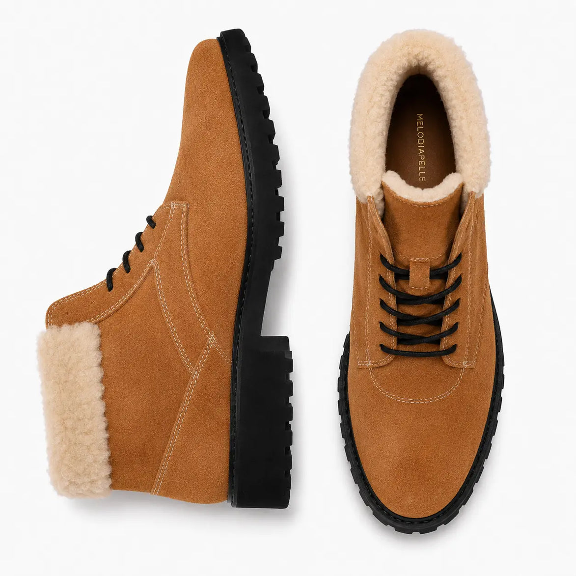 Camel suede shearling-lined winter boot, three-quarter angle showing heel and sole detailing