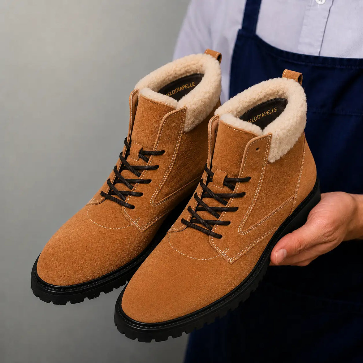 Man holding a pair of Melodiapelle Malabar Shearling Winter Boots in camel suede, close-up