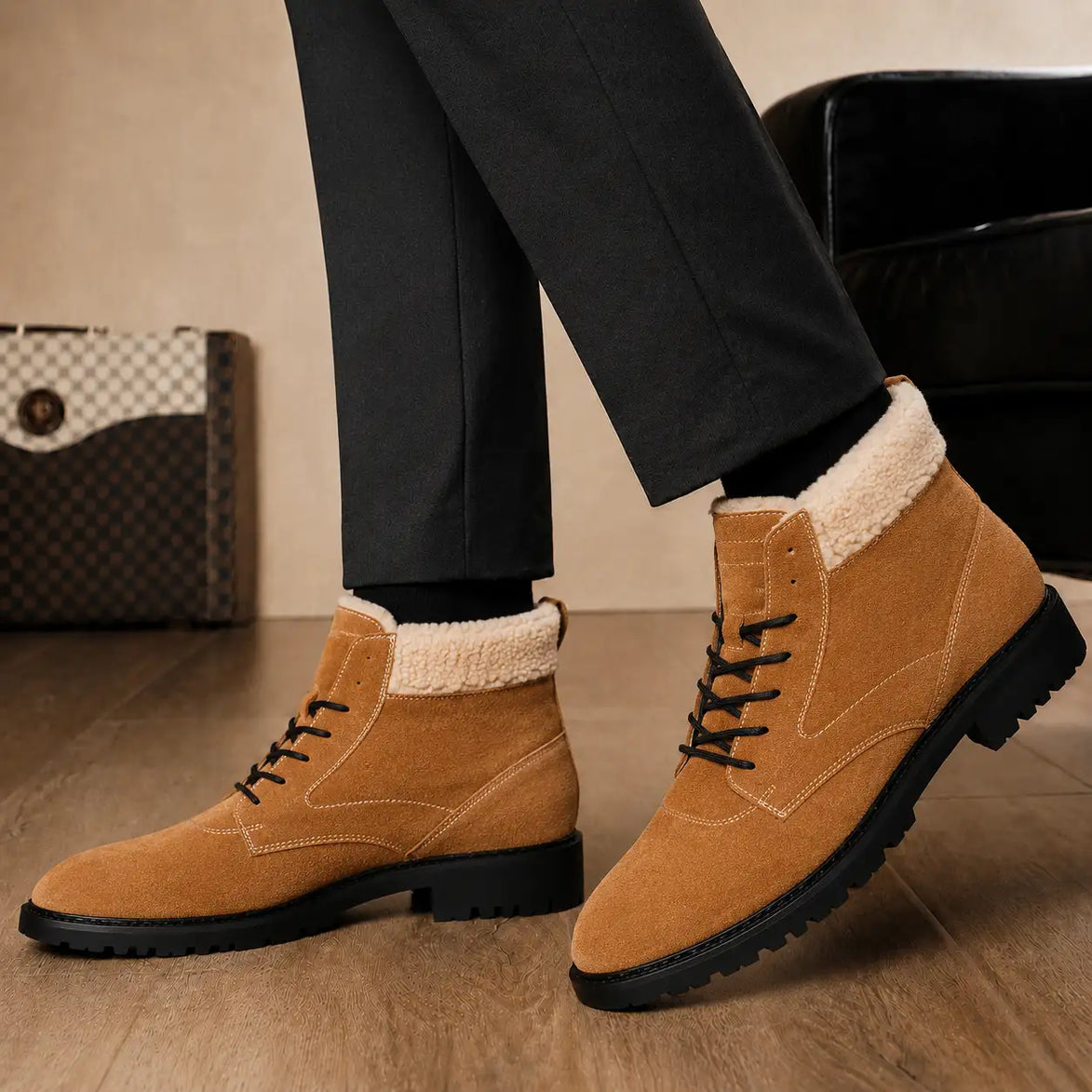 Melodiapelle Malabar Shearling Winter Boot in camel suede worn with trousers, on-feet shot