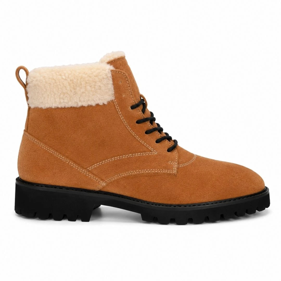 Side profile of the Malabar Shearling Winter Boot in camel suede on white background