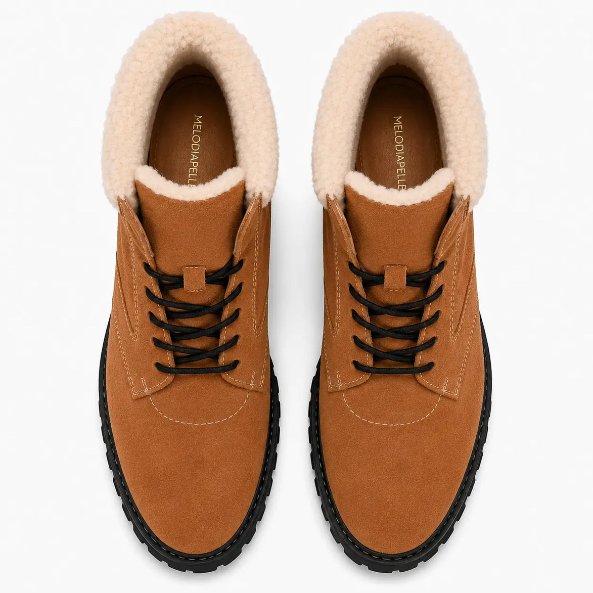 Melodiapelle Malabar Shearling Winter Boot in camel suede, pair top-down view, handcrafted in Agra