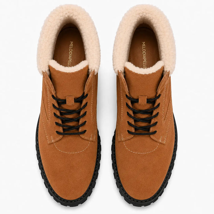Melodiapelle Malabar Shearling Winter Boot in camel suede, pair top-down view, handcrafted in Agra