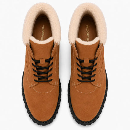 Melodiapelle Malabar Shearling Winter Boot in camel suede, pair top-down view, handcrafted in Agra