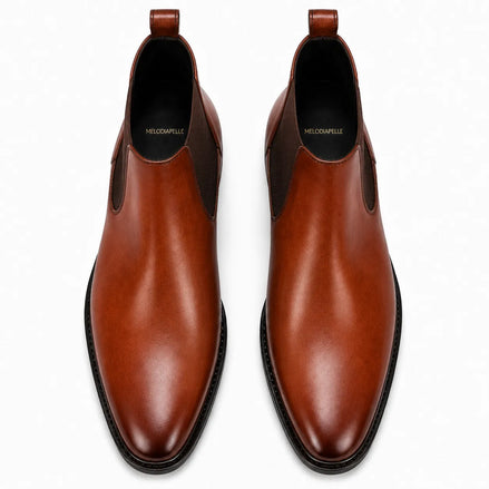Melodiapelle Malacca Chelsea Boot in cognac tan leather, pair top-down view, handcrafted in Agra