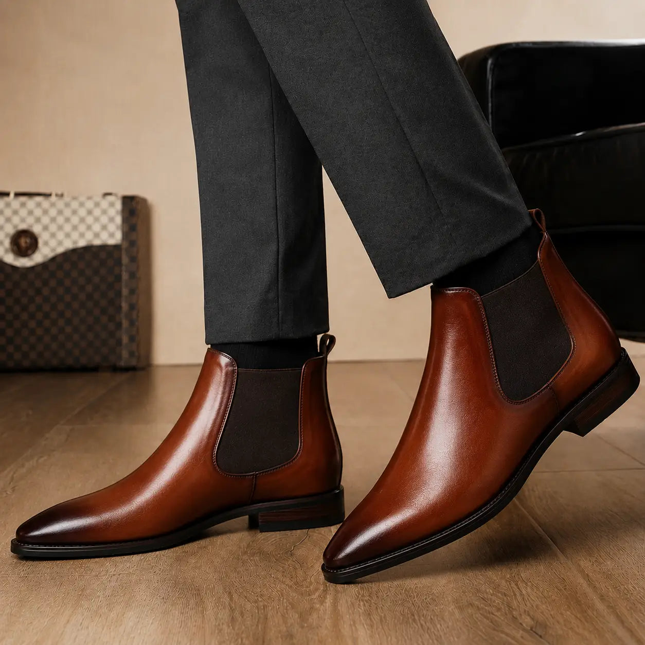 Melodiapelle Malacca Chelsea Boot in cognac tan leather, styled close-up