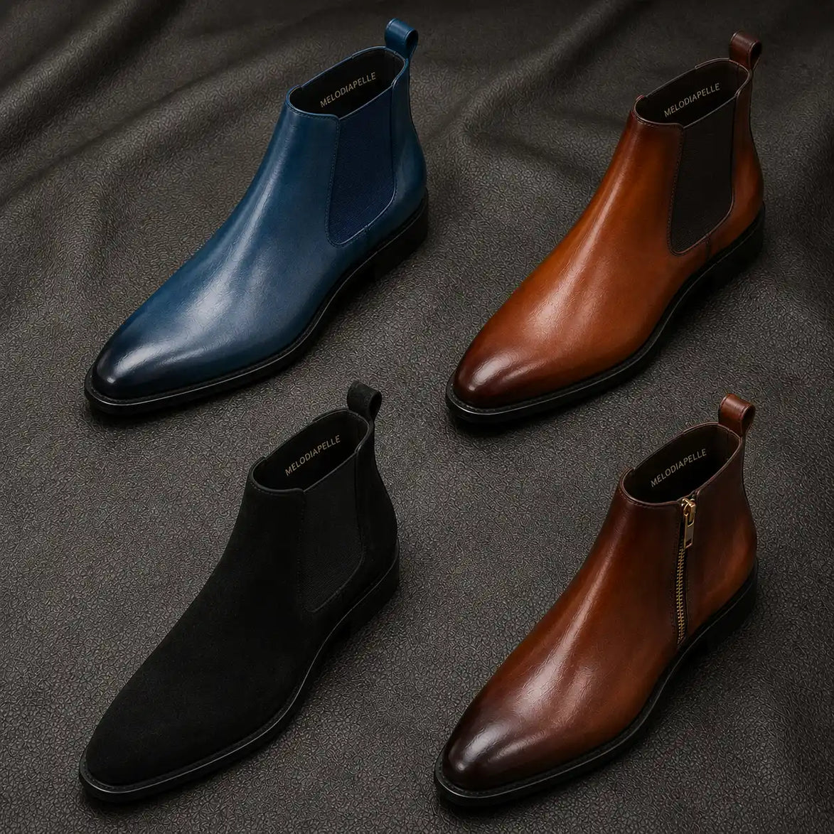 Melodiapelle Malacca Chelsea Boot collection in tan, blue and black leather, handcrafted boots displayed together