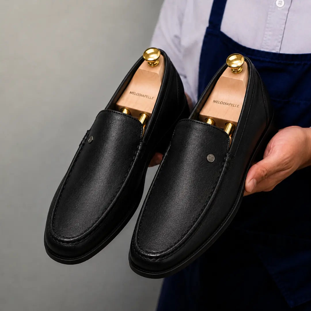 Man holding a pair of Melodiapelle Malaga Driving Loafer shoes in black leather, close-up
