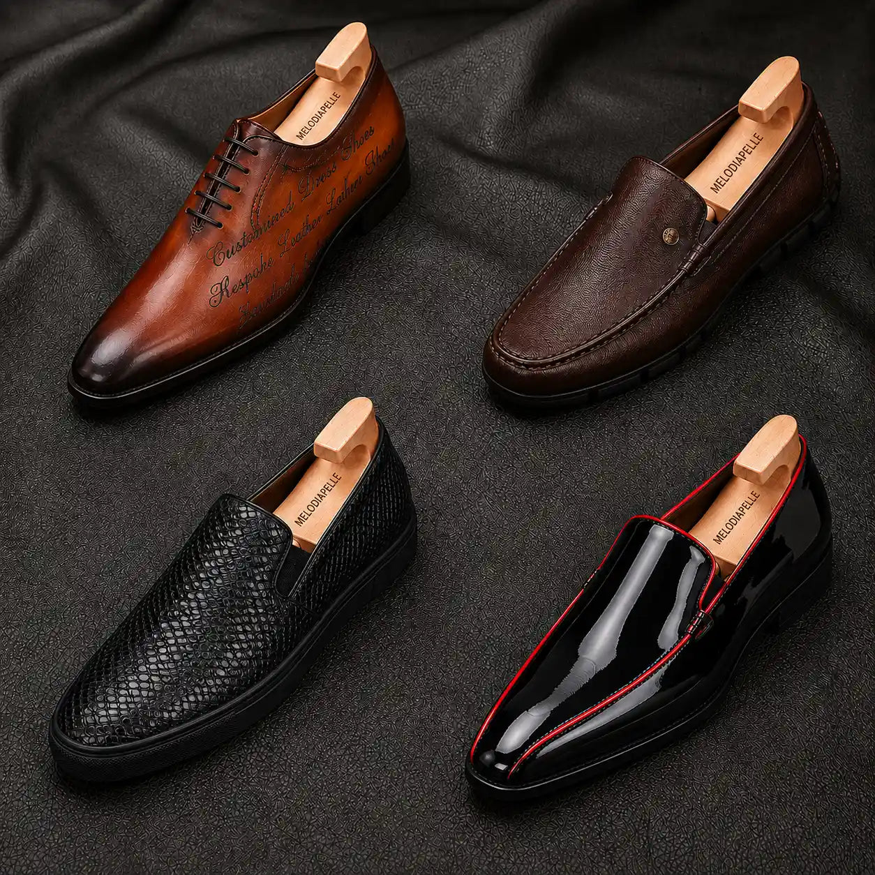 Melodiapelle Malaga Driving Loafer collection in brown, tan and black leather, handcrafted driving loafers displayed together