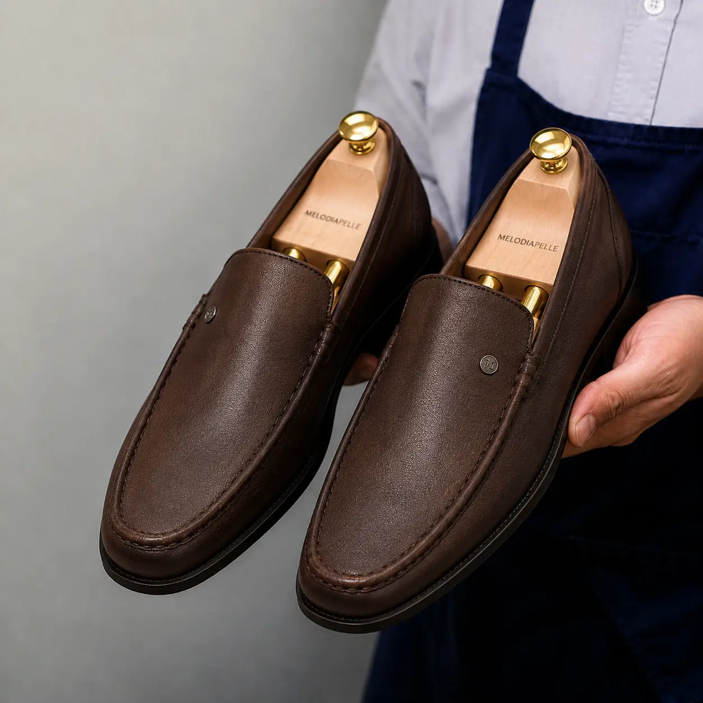 Man holding a pair of Melodiapelle Malaga Driving Loafers in dark chocolate leather, close-up
