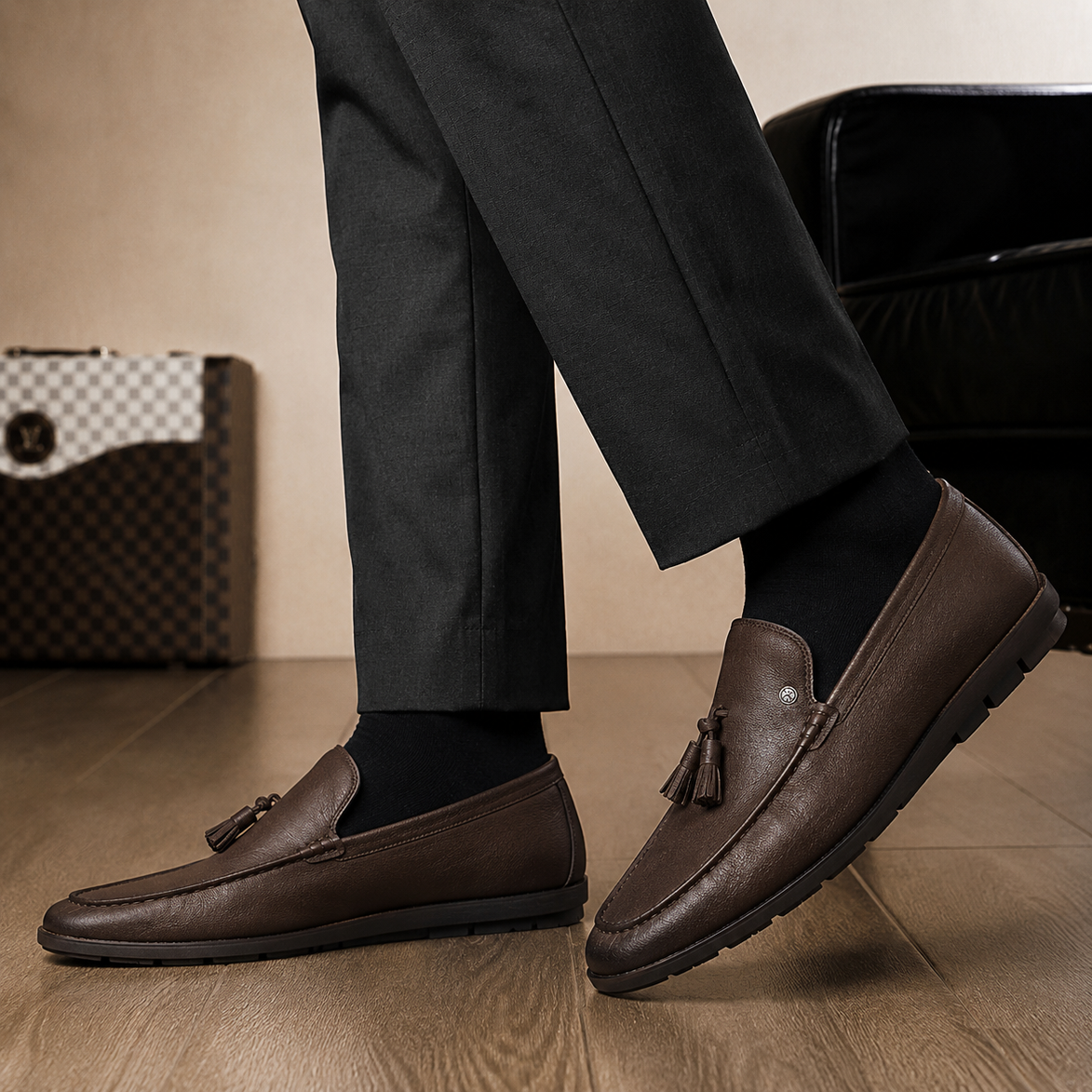 Man wearing Melodiapelle Malaga Driving Loafer in dark chocolate leather with trousers, on-feet shot