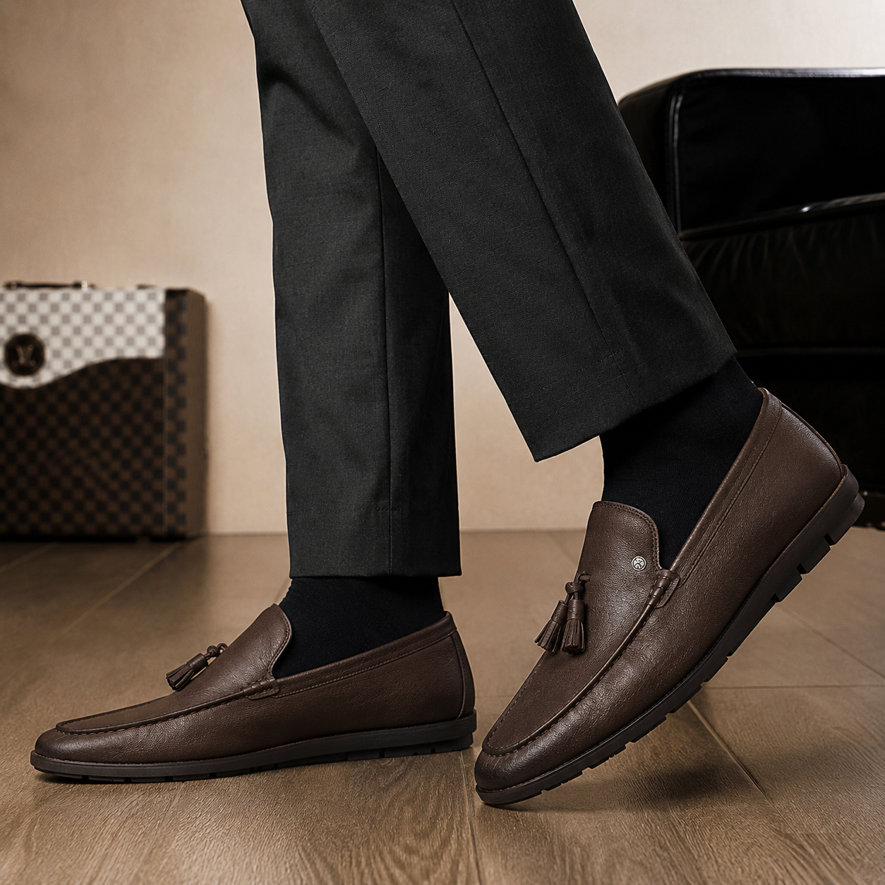 Man wearing Melodiapelle Malaga Driving Loafer in dark chocolate leather with trousers, on-feet shot