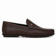 Side profile of the Malaga Driving Loafer in dark chocolate leather on white background