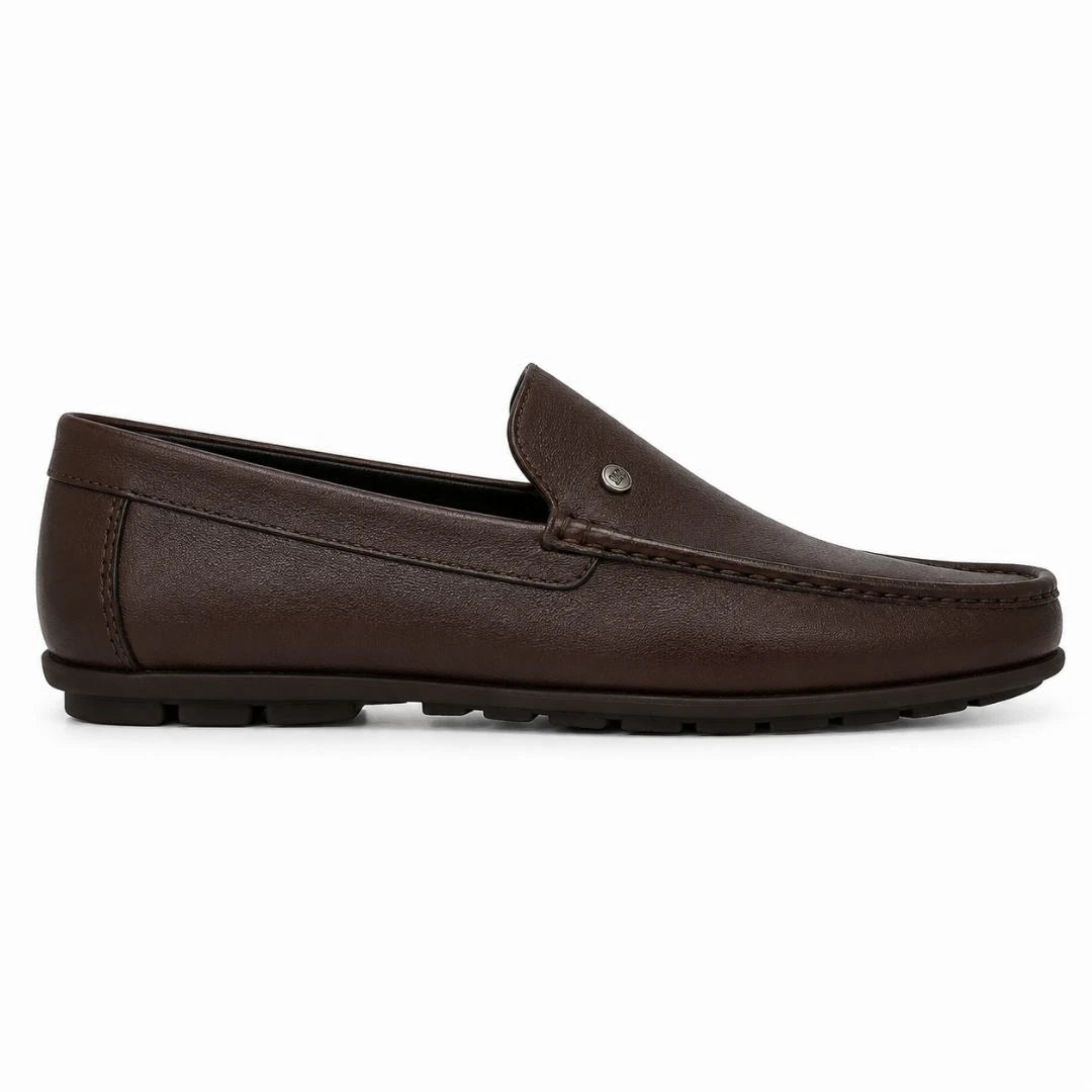 Side profile of the Malaga Driving Loafer in dark chocolate leather on white background