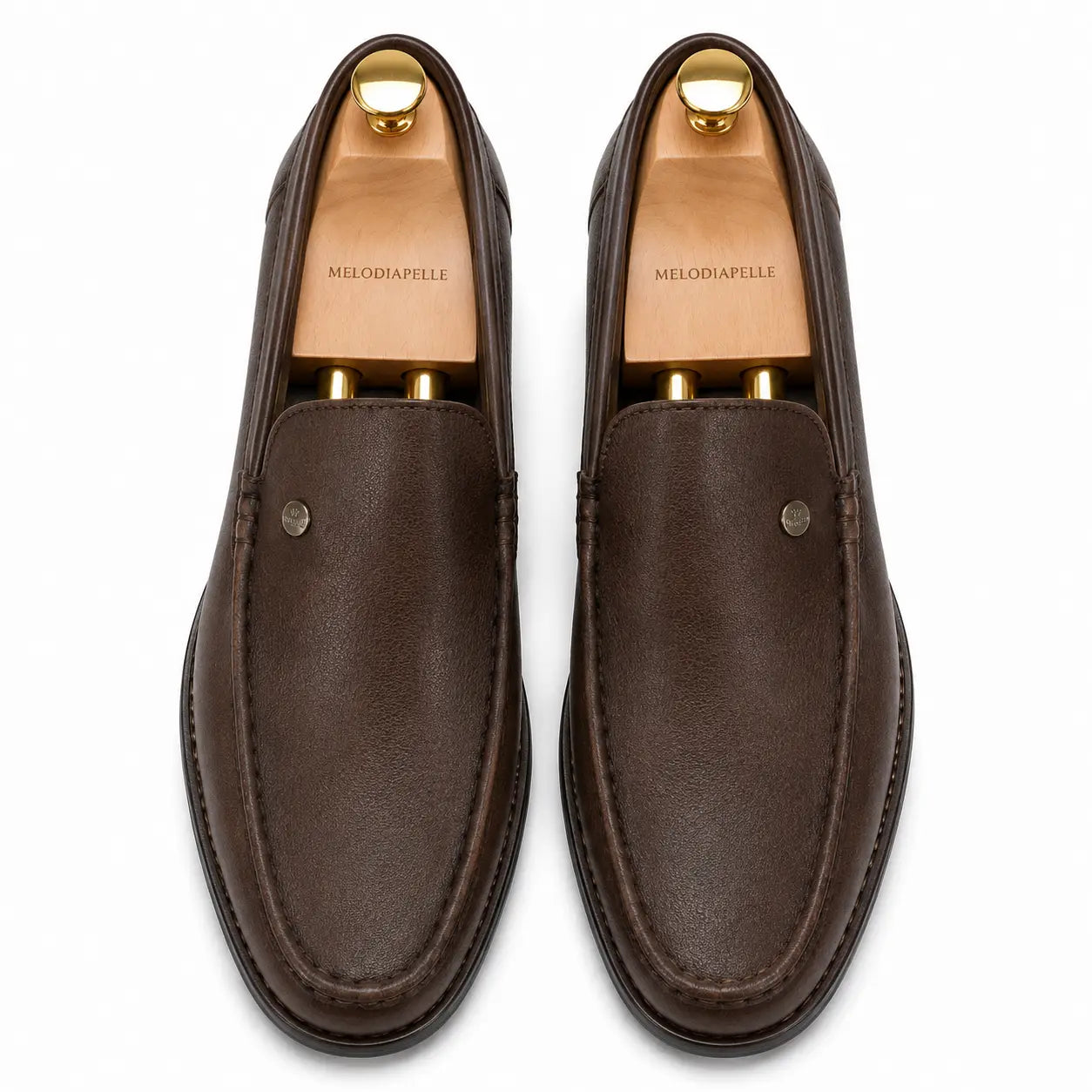 Melodiapelle Malaga Driving Loafer in dark chocolate leather, pair top-down view, handcrafted in Agra