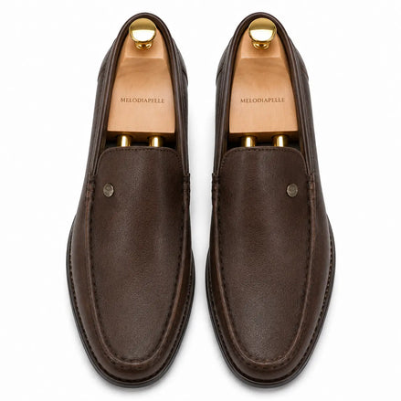 Melodiapelle Malaga Driving Loafer in dark chocolate leather, pair top-down view, handcrafted in Agra