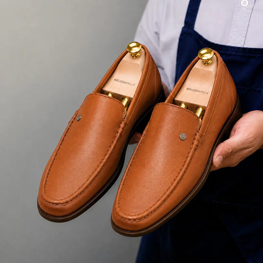 Man holding a pair of Melodiapelle Malaga Driving Loafer shoes in tan leather, close-up