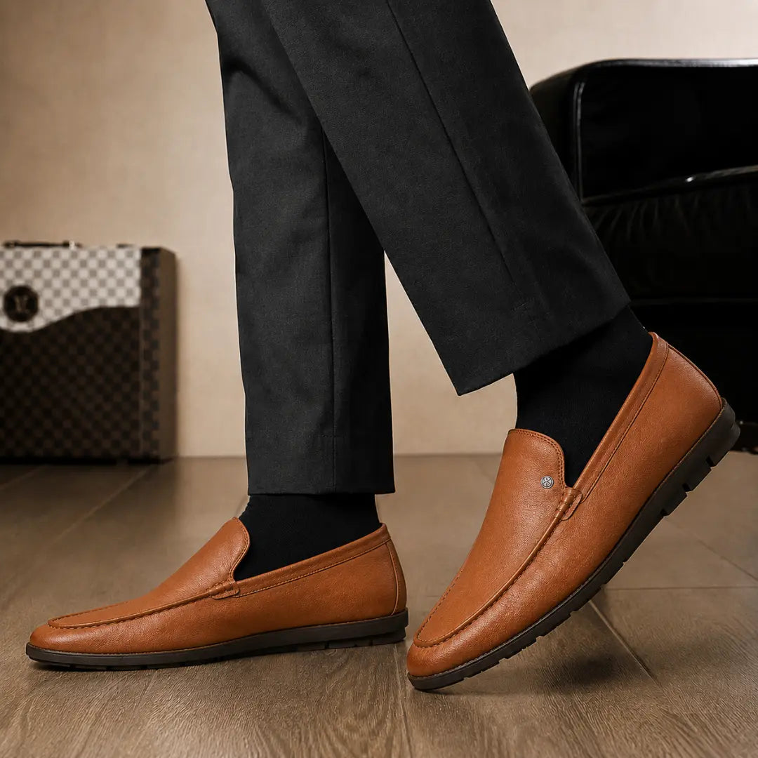 Melodiapelle Malaga Driving Loafer in tan leather worn with trousers, on-feet shot