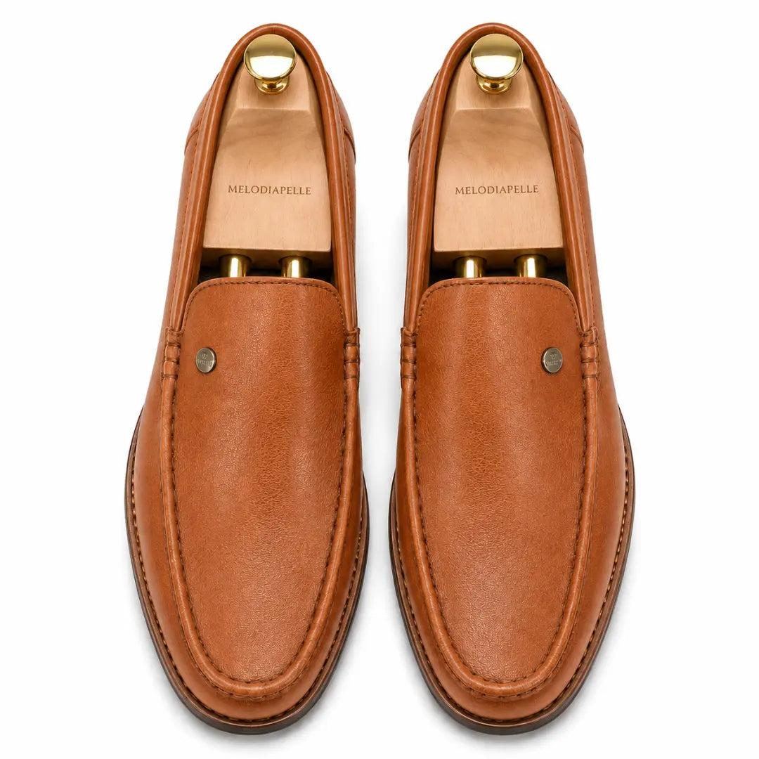 Melodiapelle Malaga Driving Loafer in tan leather, pair top-down view, handcrafted in Agra