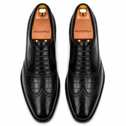 Melodiapelle Malcomb Croc-Panel Wingtip Derby in black leather, pair top-down view, handcrafted in Agra