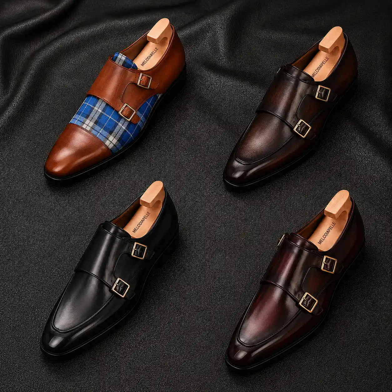 Melodiapelle Malibu Apron Monk Strap collection in black, brown and tan leather, handcrafted monk strap shoes displayed together