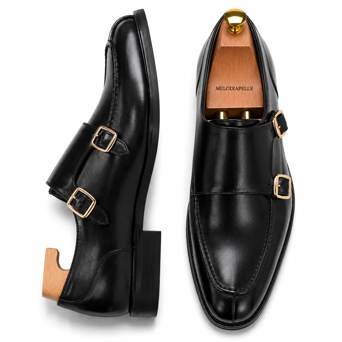Nero black leather double monk strap shoe, three-quarter angle showing buckles and heel