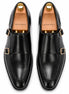 Melodiapelle Malibu Apron Monk Strap in nero black leather, pair top-down view, handcrafted in Agra