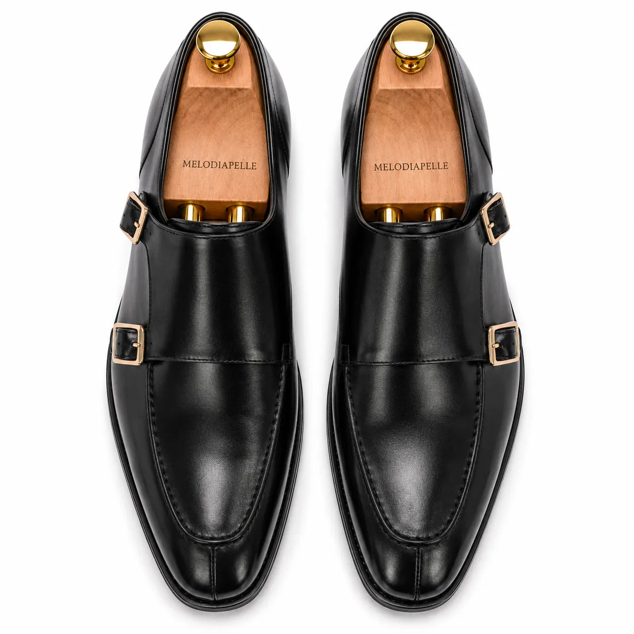 Melodiapelle Malibu Apron Monk Strap in nero black leather, pair top-down view, handcrafted in Agra