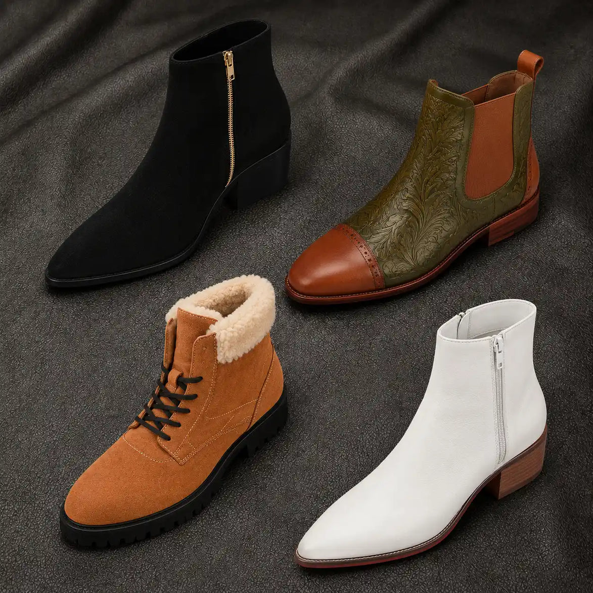 Melodiapelle Malone Zip Ankle Boot collection in black, olive and tan leather, handcrafted ankle boots displayed together