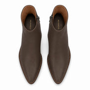 Melodiapelle Malone Zip Ankle Boot in dark brown leather, pair top-down view, handcrafted in Agra
