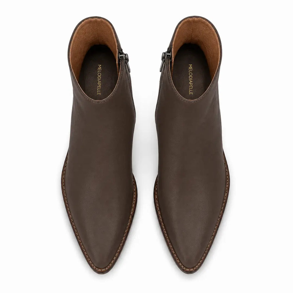 Melodiapelle Malone Zip Ankle Boot in dark brown leather, pair top-down view, handcrafted in Agra