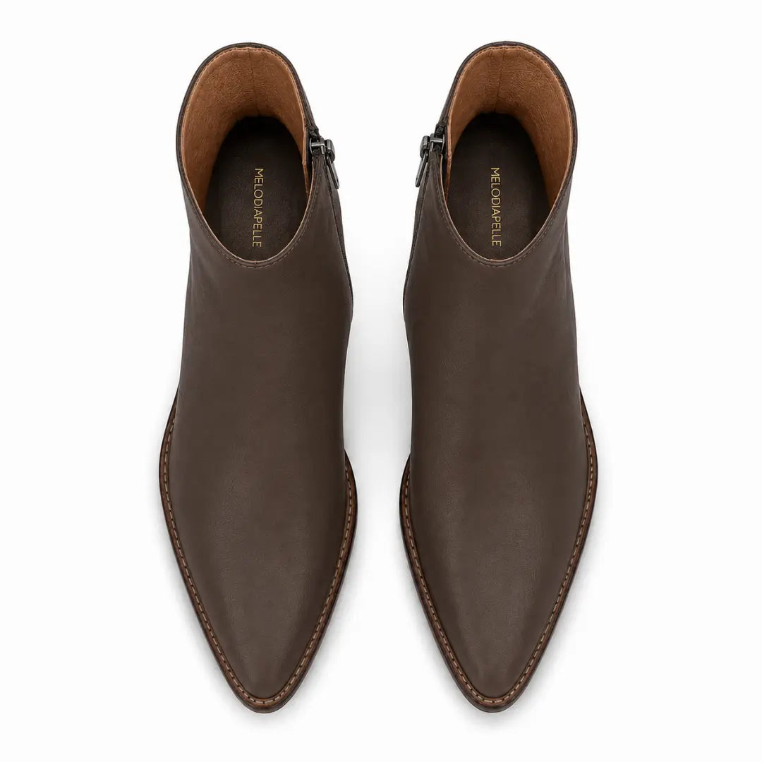 Melodiapelle Malone Zip Ankle Boot in dark brown leather, pair top-down view, handcrafted in Agra
