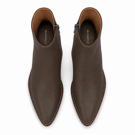 Melodiapelle Malone Zip Ankle Boot in dark brown leather, pair top-down view, handcrafted in Agra