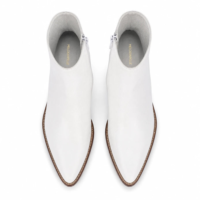 Melodiapelle Malone Zip Ankle Boot in pearl white leather, pair top-down view, handcrafted in Agra