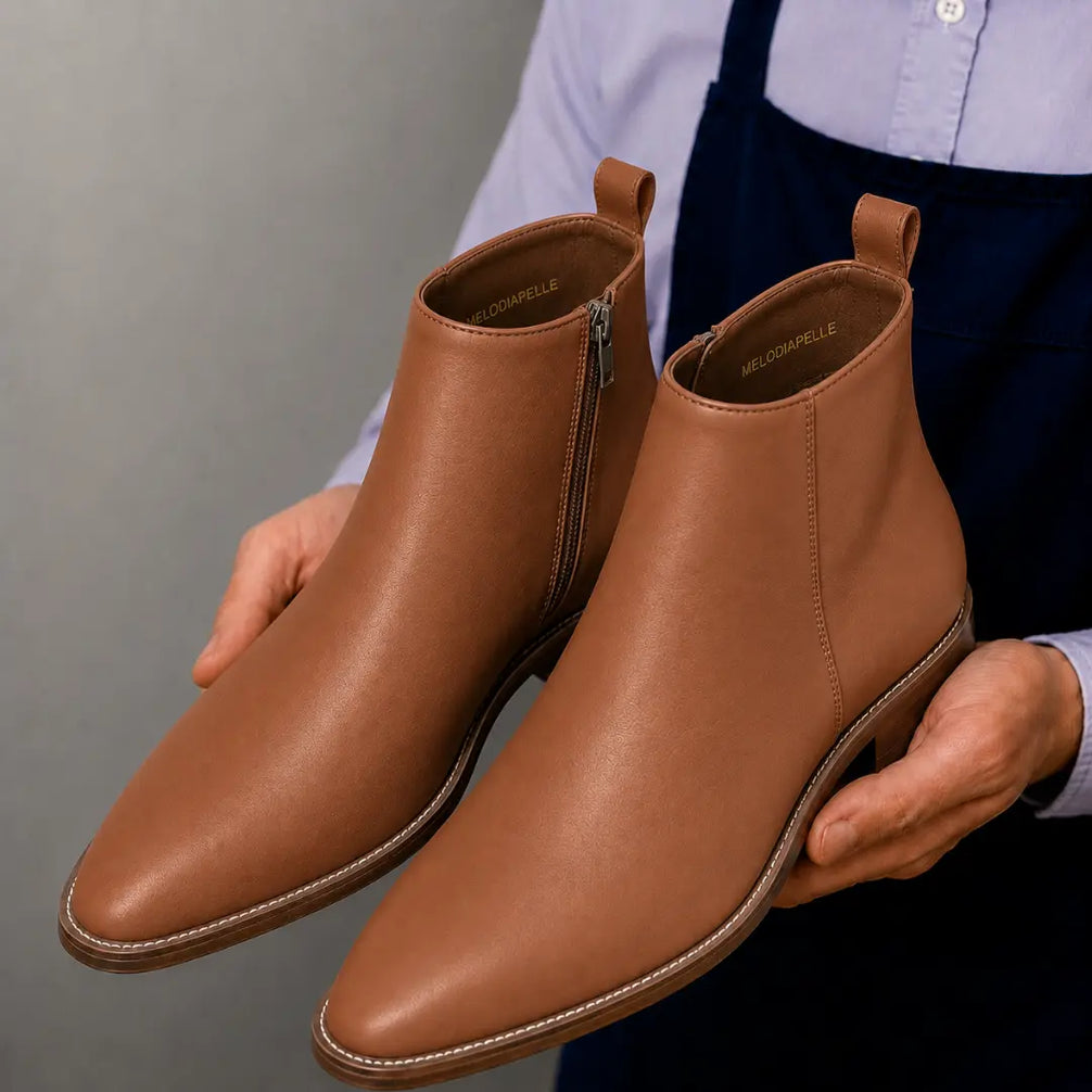 Man holding a pair of Melodiapelle Malone Zip Ankle Boots in tan leather, close-up