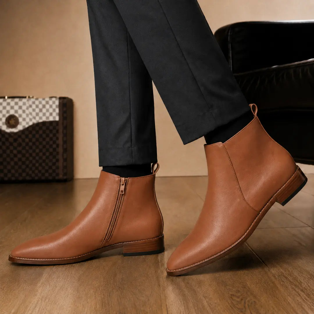 Melodiapelle Malone Zip Ankle Boot in tan leather worn with trousers, on-feet shot
