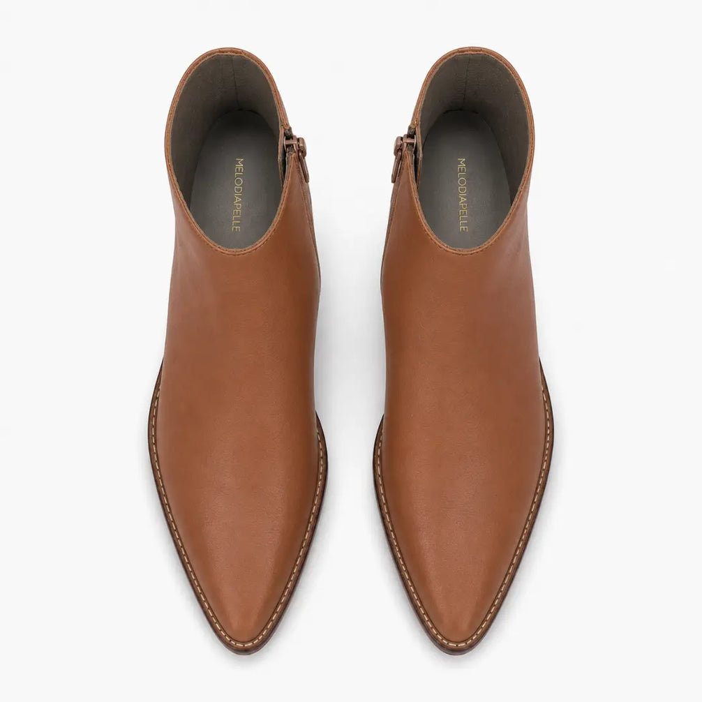 Melodiapelle Malone Zip Ankle Boot in tan leather, pair top-down view, handcrafted in Agra