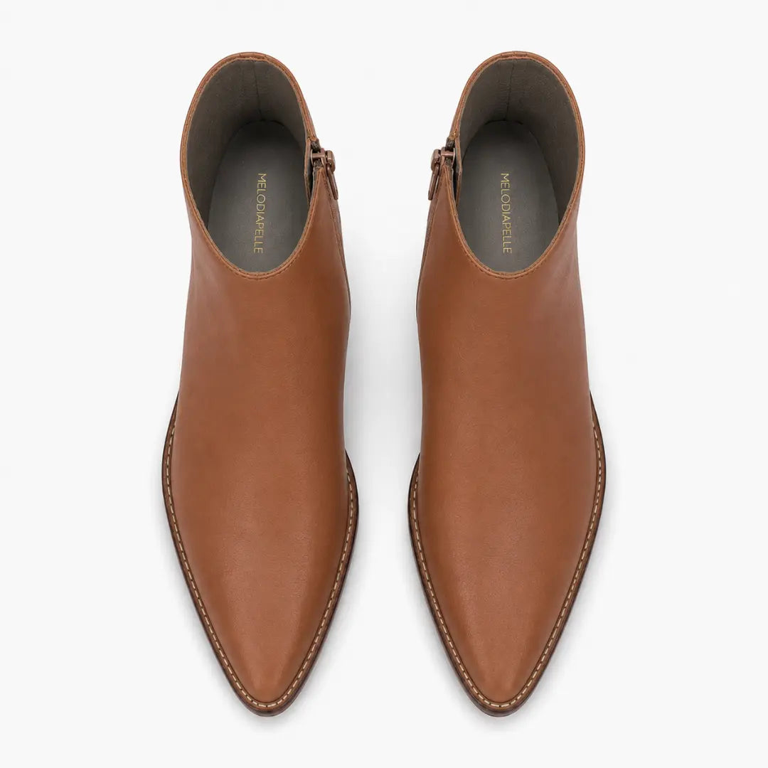 Melodiapelle Malone Zip Ankle Boot in tan leather, pair top-down view, handcrafted in Agra