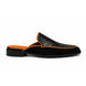 Side profile of the Malta Mule in black croc-embossed leather with orange piping on white background