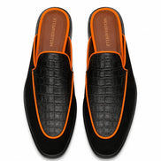 Melodiapelle Malta Mule in black croc-embossed leather with orange piping, pair top-down view, handcrafted in Agra