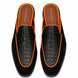 Melodiapelle Malta Mule in black croc-embossed leather with orange piping, pair top-down view, handcrafted in Agra