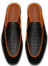 Melodiapelle Malta Mule in black croc-embossed leather with orange piping, pair top-down view, handcrafted in Agra