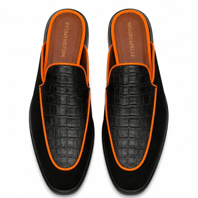Melodiapelle Malta Mule in black croc-embossed leather with orange piping, pair top-down view, handcrafted in Agra