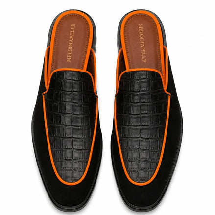 Melodiapelle Malta Mule in black croc-embossed leather with orange piping, pair top-down view, handcrafted in Agra