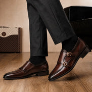 Melodiapelle Malvern Apron Monk Strap in dark mahogany leather worn with formal trousers, on-feet shot