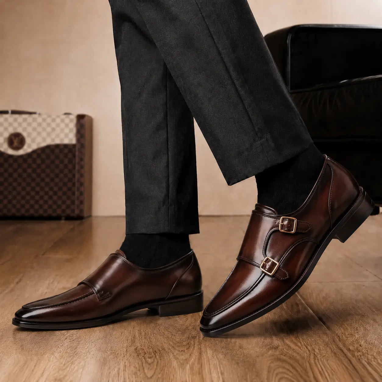 Melodiapelle Malvern Apron Monk Strap in dark mahogany leather worn with formal trousers, on-feet shot