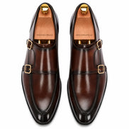Melodiapelle Malvern Apron Monk Strap in dark mahogany leather, pair top-down view, handcrafted in Agra