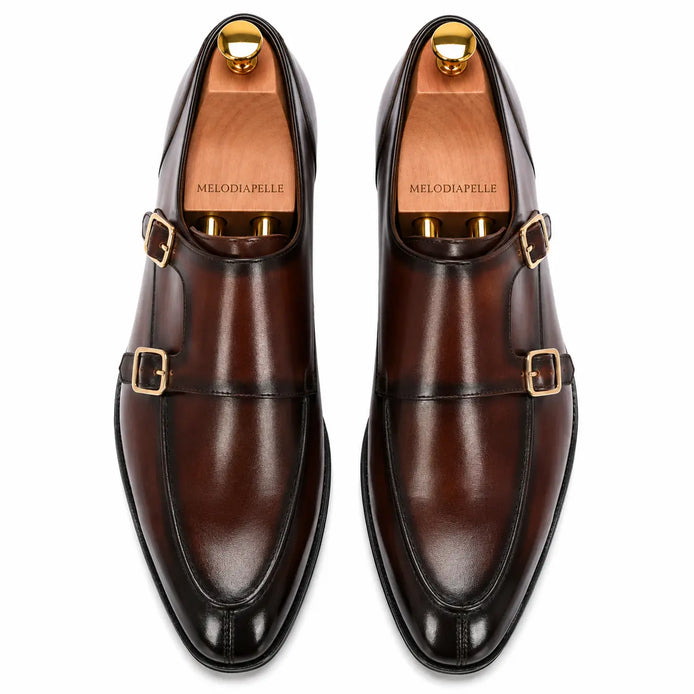 Melodiapelle Malvern Apron Monk Strap in dark mahogany leather, pair top-down view, handcrafted in Agra