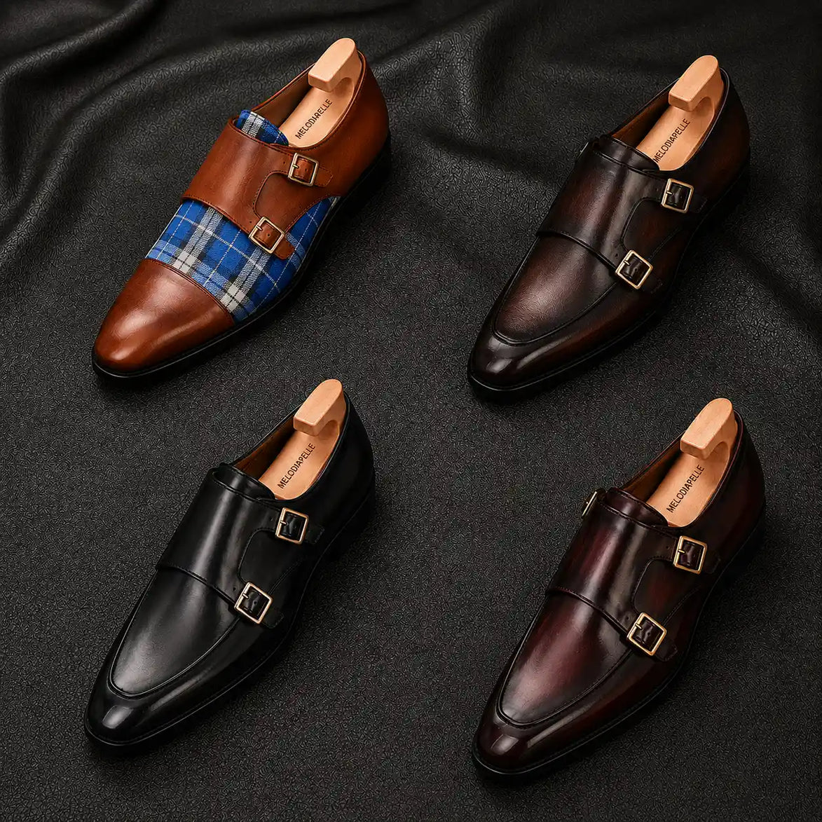 Melodiapelle Malvern Apron Monk Strap collection in mahogany, tan and black leather, handcrafted monk strap shoes displayed together