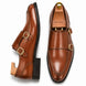 Tan leather apron monk strap shoe, three-quarter angle showing buckles and heel
